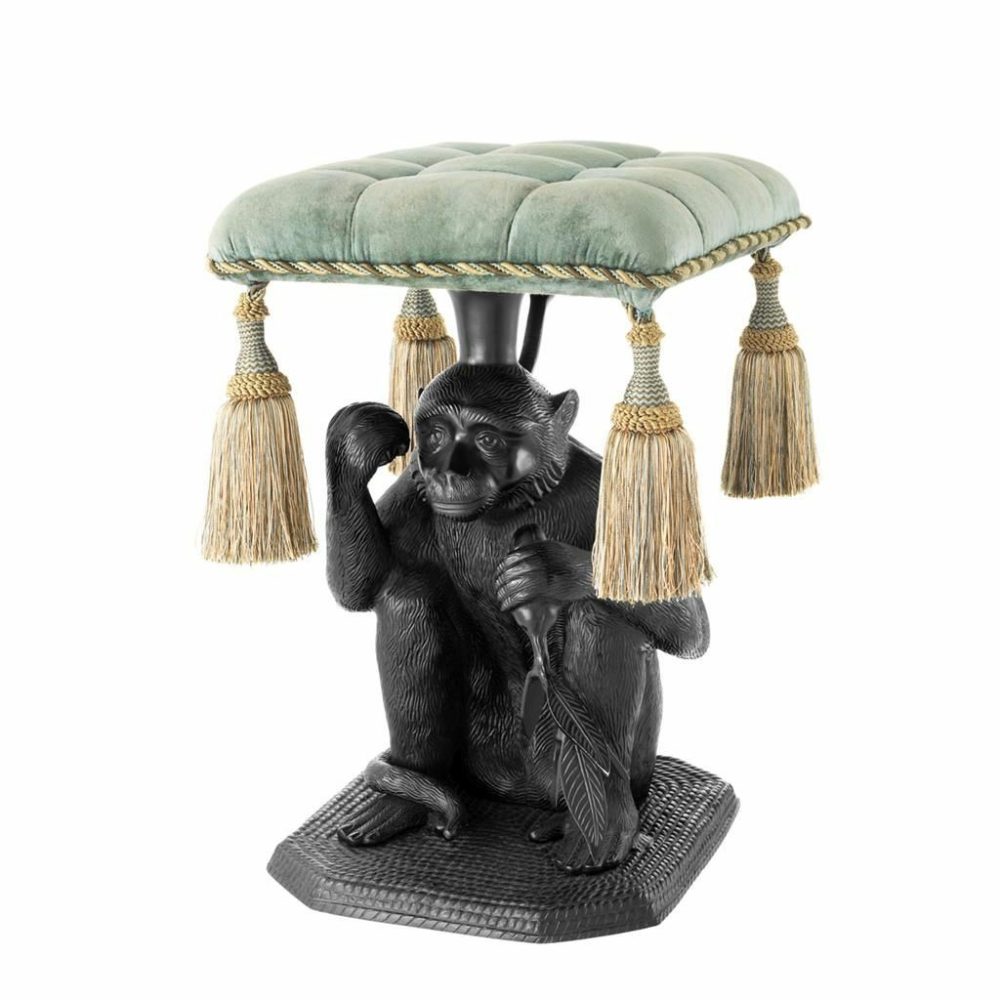 Monkey Black & Turquoise Velvet Stool Furniture